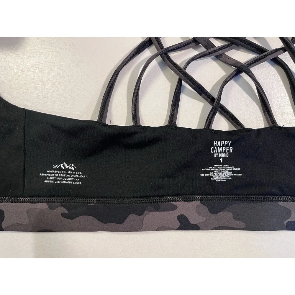 NWT Torrid Happy Camper Camo Zip Front Sports Bra 1X 14/16 Strappy Back Plus